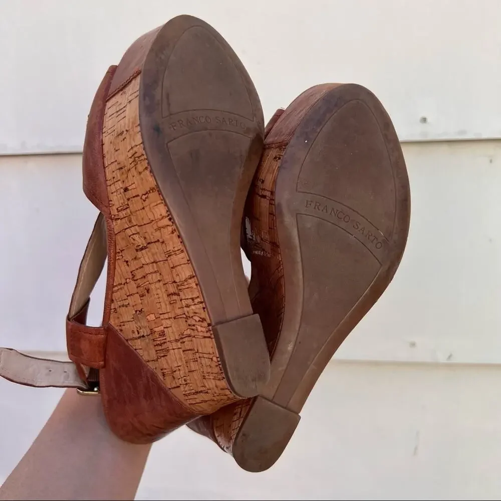 Franco Sarto A-Xenon cognac brown leather wedge sandals 8M